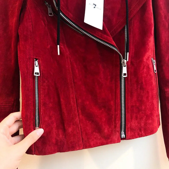 7 For All Mankind Red Leather Bold Western Detachable Hooded Moto Zip Jacket NWT - Picture 4 of 11